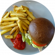 'Vegan Fox Burger' mit Avocado-Quinoa-Patty, Tomaten, Salat, Zwiebeln und Gurke (9,22,81,84) dazu Pommes frites