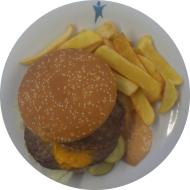 Beef'n Cheese Burger mit 2 Rinderpattys, Cheddar und Special-Sauce (1,2,9,15,19,22,81,83) dazu Steakhouse Pommes