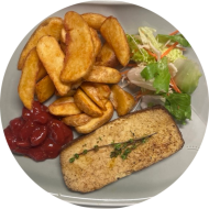 Grillabend: Räuchertofu mariniert mit Rosmarin, Thymian, Olivenoel und buntem Pfeffer (18,81) an Kräuter-Tomaten-Dip (9) dazu Kartoffel-Chips und Salatgarnitur