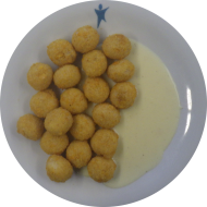 Cheesecake Balls Marille (19,81,83) mit Vanillesoße (19)