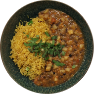 Indisches Dal - aromatisches Linsen-Kartoffel-Curry dazu frische Minze (2,3,18,81) und Bratreis