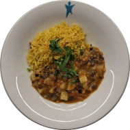 Kleine Portion: Indisches Dal - aromatische Linsen-Kartoffel-Pfanne und frische Minze (2,3,18,81) mit Bratreis