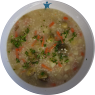 Rosenkohl-Kartoffel-Eintopf mit Perlgraupen (3,21,83) dazu Fladenbrot (81,82,83)