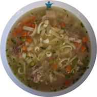 Nudeleintopf mit Geflügelfleisch, Erbsen, Möhren und frischer Petersilie (3,21,54,81) dazu Fladenbrot (81,82,83)