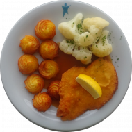 Hähnchenbrustschnitzel (81) mit Zitronenecke an Geflügelsoße (81) und Blumenkohlgemüse dazu Kroketten (81)