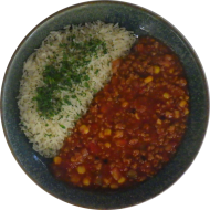 'Chili sin Carne' mit Sonnenblumenhack, Kidneybohnen, Paprika,Mais (49) dazu Kräuterreis