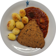 Schweineschnitzel 'Toscana' in würziger Kräuterpanade (15,81) mit mediterranem Ratatouillegemüse (49) dazu würzige Schwenkkartoffeln