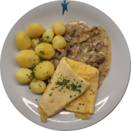 Hausgemachtes Omelette (15,19) mit Rahmchampignons (1,3,19,24,81) dazu Petersilienkartoffeln 