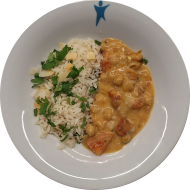 kleine Portion: 'Kichererbsen-Kokos-Korma' mit Tomaten, Chili und Ingwer (49) dazu Mandelreis