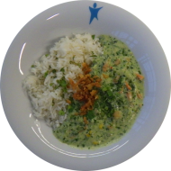 'Kichererbsen-Kokos-Korma' mit Tomaten, Ingwer und Chili (49) dazu Petersilienreis