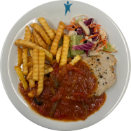 Schweinerückensteak 'Letscho' (1,9) dazu Pommes frites und Salatgarnitur