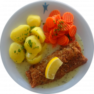paniertes Seelachsfilet mit Zitronenecke (81) mit Dillsoße und Möhrengemüse, dazu Petersilienkartoffeln 