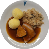 Schweinebraten aus der Schulter (1,3,21,22) dazu Schmorkraut mit Speck und 2 grüne Klöße (2,3,24)