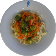 Kleine Portion: Möhren-Linsen-Ragout und Rosenkohl dazu Haselnusstagliatelle (72,81,84)
