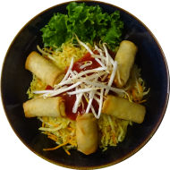 5 Minifrühlingsrollen (18,81) mit süß-scharfem Asia Dip (9) dazu gebratener Reis mit Gemüse(3,21)