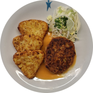 Hausgemachtes 'Haferflocken-Käse-Medaillon' (15,19,84) mit 'Sauce Choron' (8,15,19,24) dazu Kartoffelröstiecken und Salatgarnitur