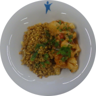 Kleine Portion: Afghanisches 'Golpi'- Blumenkohl mit pikanter Tomatensoße 849) mit gebratenem Zartweizen mit Porree (81)