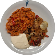 Hausgemachter 'Seitan-Gyros' (49,81) mit Aioli-Dip (22,49) dazu 'Djuvecreis'