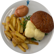 Burger 'Green-Hero-Mango' mit Mozzarella, Rucola und Mango-Curry-Creme (3,19,22,81,83) dazu als Menüoption Pommes und House-Dip (9,22)