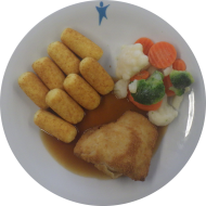 Hähnchenbrustfilet 'Formaggio' mit Frischkäse gefüllt (19,81) an Geflügelsoße (81) und buntes Gemüse dazu Kroketten (81)