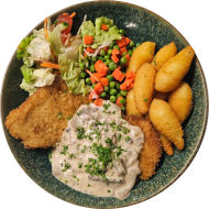 'Marienfelder' Schweineschnitzel (15,81) an Rahmchampignons (19,81) dazu Rustico frites