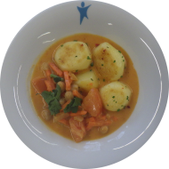 Kleine Portion: 'Kichererbsen-Kokos-Korma' mit Tomaten, Chili und Ingwer (2,49) dazu würzige Chili-Kräuter-Kartoffeln