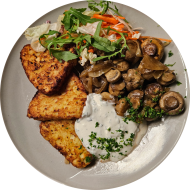 Gebratene frische Champignonköpfe dazu Kartoffelröstiecken an Creme-fraiche-Dip (19)