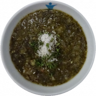 Calalou - vegane Kreolische Gemüsesuppe mit Aubergine, Blattspinat (3,24,81) dazu 1 Brötchen (81,82)