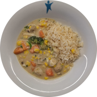 Kleine Portion: Spicy Green Pfanne mit Brokkoli, Süßkartoffel, Champignon und Zitronengras (2,3,18) dazu Langkornreis