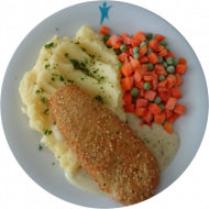 Gebackenes Seelachsfilet (16,19,22,81) und buntes Rahmgemüse (19,81) dazu hausgemachtes Kartoffelpüree (19)