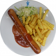 Currywurst mit Soße (2,3,9) dazu Pommes frites und kleiner Weißkraut-Paprikasalat