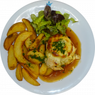 Hähnchenbrust 'Hawaii' mit Ananas und Käse gratiniert (19,81) und Geflügelsoße (81) dazu Pommes frites und kleiner Salatmix