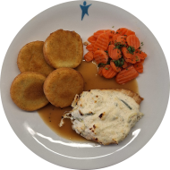 Gebratenes Hähnchensteak mit Frischkäse und Lauch gratiniert (1,19) an Geflügelrahmsoße (19,81) dazu Möhrengemüse und Macaire Kartoffeln (81)