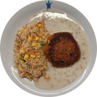 Möhren-Zucchini-Bratling (1,3,21,81,84) mit Kräutersoße (18,81) und buntem Gemüse-Couscous (81)