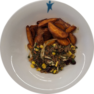 Kleine Portion: Geschmortes Rind 'Virgin Island', Kidneybohnen, Mais und Spinat (3,21) dazu Currykartoffeln