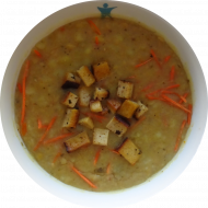 Kartoffelsuppe mit gebratenen Räuchertofuwürfeln oder Wiener Würstchen (1,2,3,8,18,21,46) dazu Roggenmischbrot (81,82)