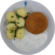 Blumenkohl-Käse-Medaillon (15,19,81) mit Sauce Hollandaise (8,15,19) dazu Petersilienkartoffeln 