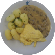 Gebratenes Omelette (15,19) an Rahmchampignons (1,3,19,24,81) dazu Petersilienkartoffeln
