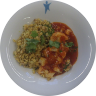 Kleine Portion: Afghanisches Golpi - Blumenkohl in pikanter Tomatensoße (49) dazu gebratener Sommerweizen (81)