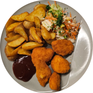 Grillabend: Chicken Crossies (81) an BBQ-Dip (9,21) dazu Kartoffelspalten und Salatgarnitur