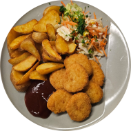 Grillabend: Knusprige Nuggets (81) an BBQ-Dip (9,21) dazu Kartoffelspalten und Salatgarnitur