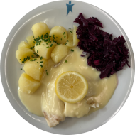 Gedünstetes Tilapiafilet (16) mit Zitronenbuttersoße (8,15,19) und Rotkraut dazu Petersilienkartoffeln