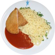 Panierte Jägerschnitte (2,3,8,15,19,22,81) mit Tomatensoße (81) dazu Gabelspaghetti (81)