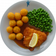 Hähnchenfilet 'Cordon bleu' mit Zitronenecke (2,8,19,81) mit Geflügelrahmsoße (19,81) und Erbsengemüse dazu Kroketten (81)