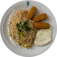 3 Gemüsekroketten 'Gärtnerin Art' (21,81) mit veganem Mayo-Dip dazu gebratener Chilireis