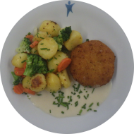 Hausgemachtes Blumenkohl-Käse-Medaillon (15,19,81) mit Schnittlauchsoße (1,19,22,81) dazu Schwenkkartoffel-Gemüse-Pfanne
