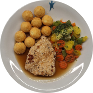 Gebratene Hähnchenbrust mit Sesam und buntem Pfeffer (23,81) an Geflügelsoße (81) dazu feine Gemüsemischung und Pommes Noisette (15,81)