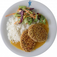 2 vegane Rote-Beete-Puffer (81) mit Chili-Ingwer-Soße dazu Basmatireis und kleiner Salatmix. Auch als kleine Portion erhältlich.
