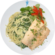 Wildlachsfilet gebraten (16,81) dazu Spinatnudeln (19,49,62,81)