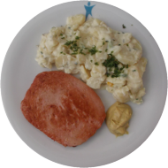 Ofen Fleischkäse (2,3,8,21,22,51,63) dazu hausgemachter Kartoffelsalat mitGurke,Paprika und Apfel (9,15,19,63,81)